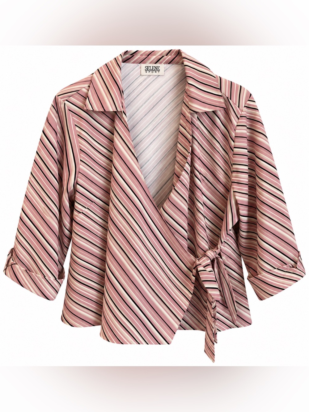 Selene Sport 1X Pink Striped Wrap Tie Blouse Y2K 3/4 Sleeve